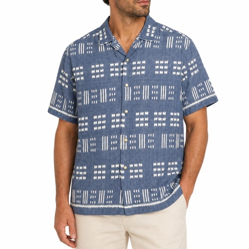 Tommy Bahama Shirt Men M Blue Silk Rayon Geometric Short Sleeve Casual Tropical